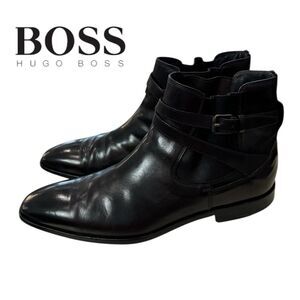Hugo Boss Men's Black Leather Slip-on Motorcycle Boots 8